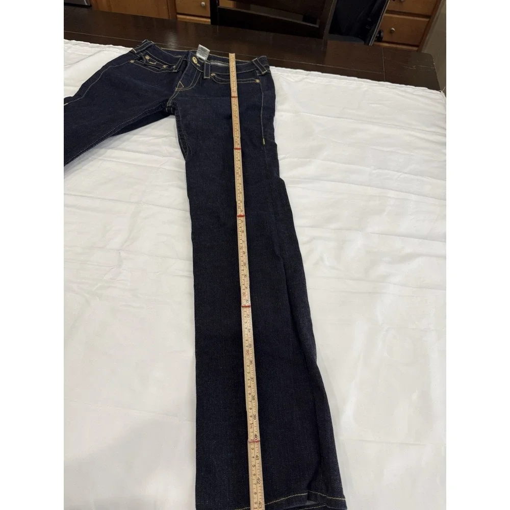 Women's True Religion High-Rise Bootcut Dark Wash Flap Pocket Thick Stitch Sz 32